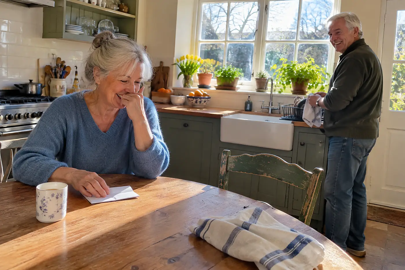 Older woman practicing a reply from a note at her kitchen table.
