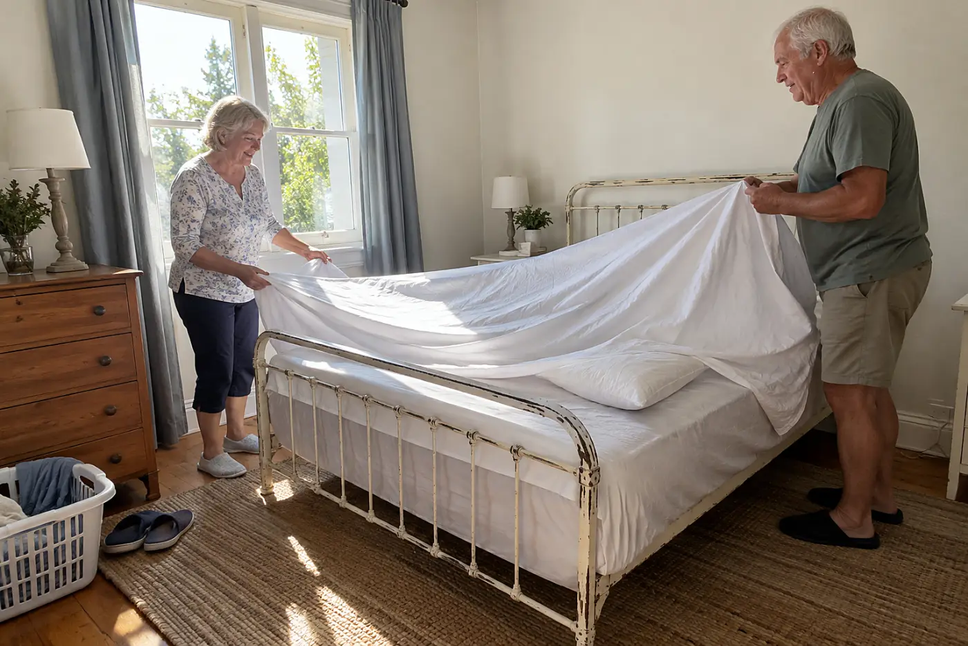 Older woman making a guest bed in her spare room before a weekend visit.