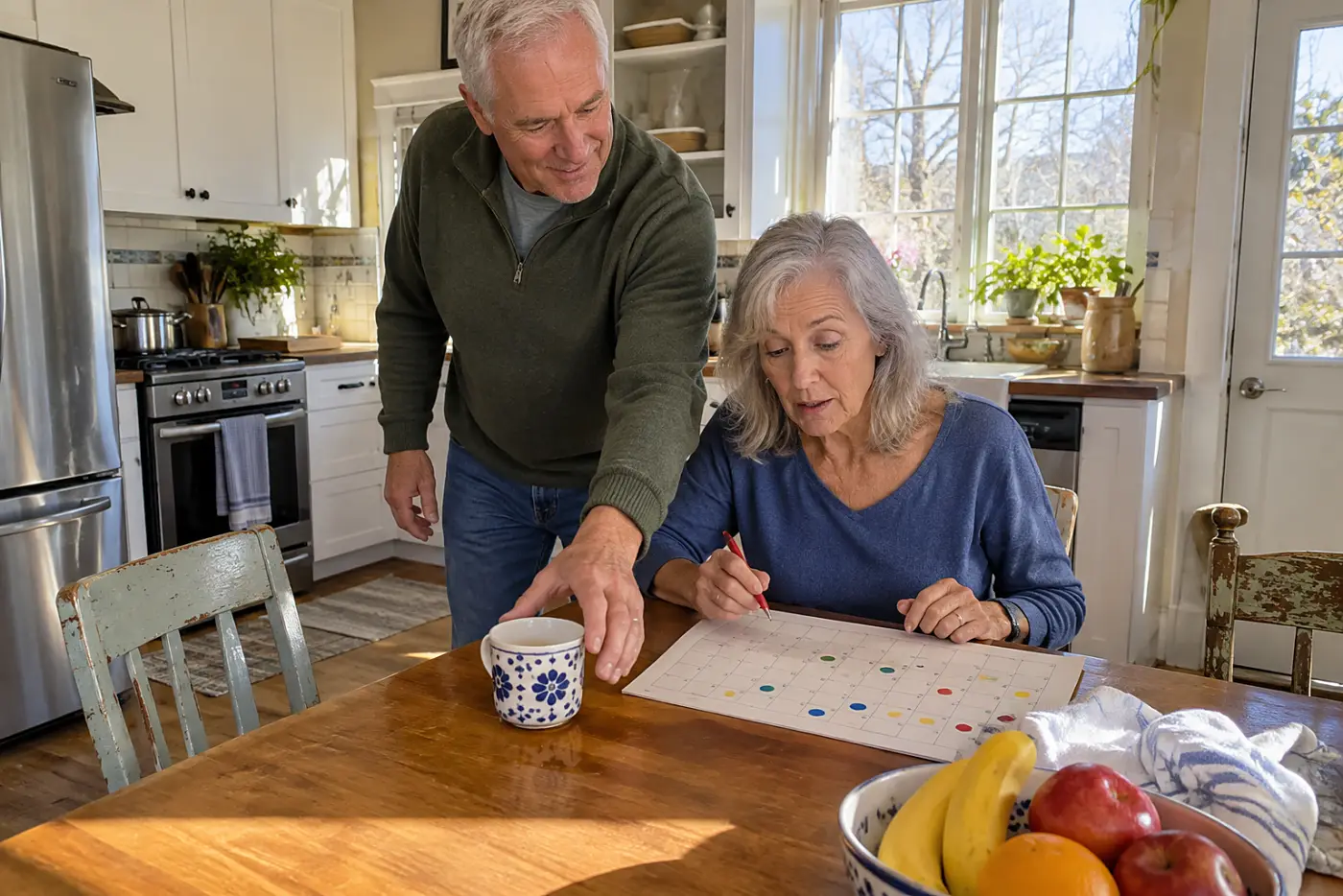 Older woman writing childcare days on a kitchen calendar.