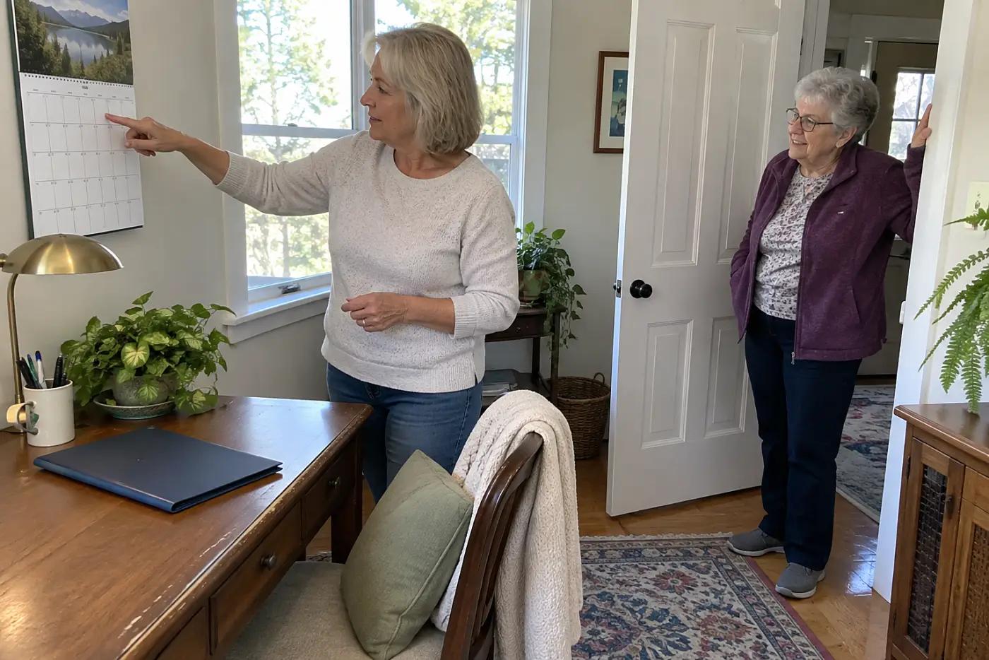 Older woman checking her calendar before answering a request at home.