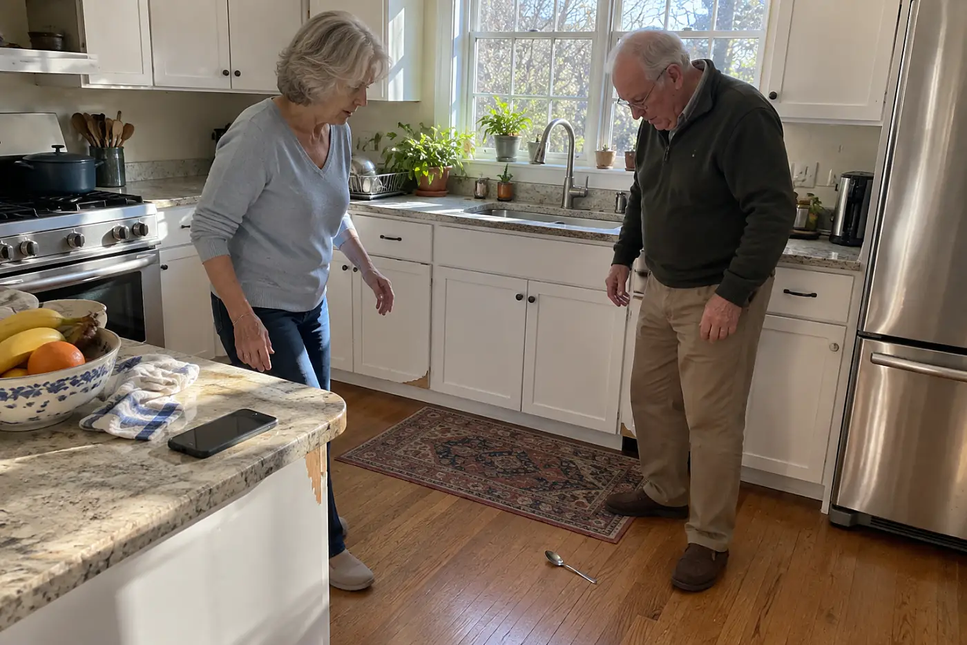 Older woman leaving a ringing phone on the kitchen counter.