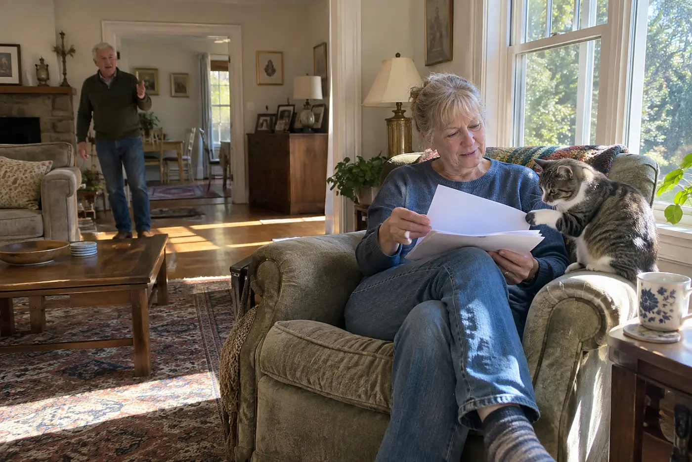 Older woman reading beside a living room window on a free afternoon.