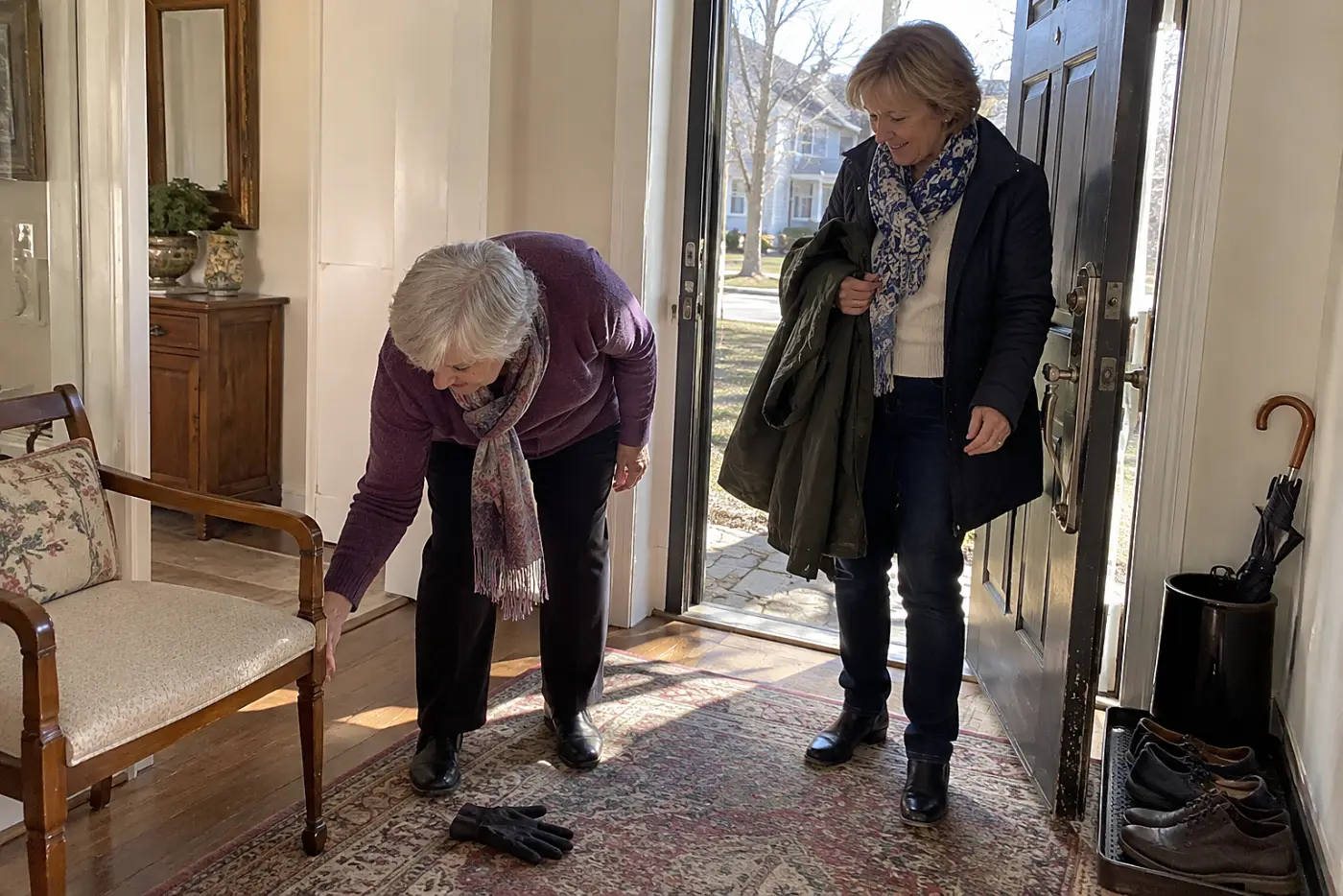 Older woman picking up her coat near a friend's front door.