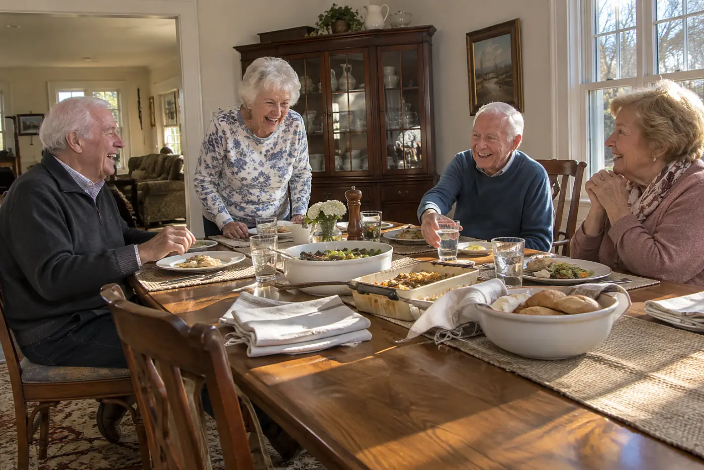 Older woman telling a story to relatives around a dining table.