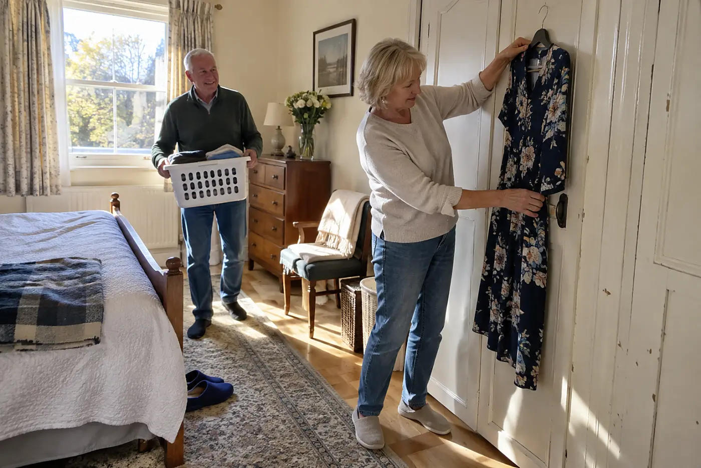 Older woman hanging a familiar dress on a bedroom closet door.