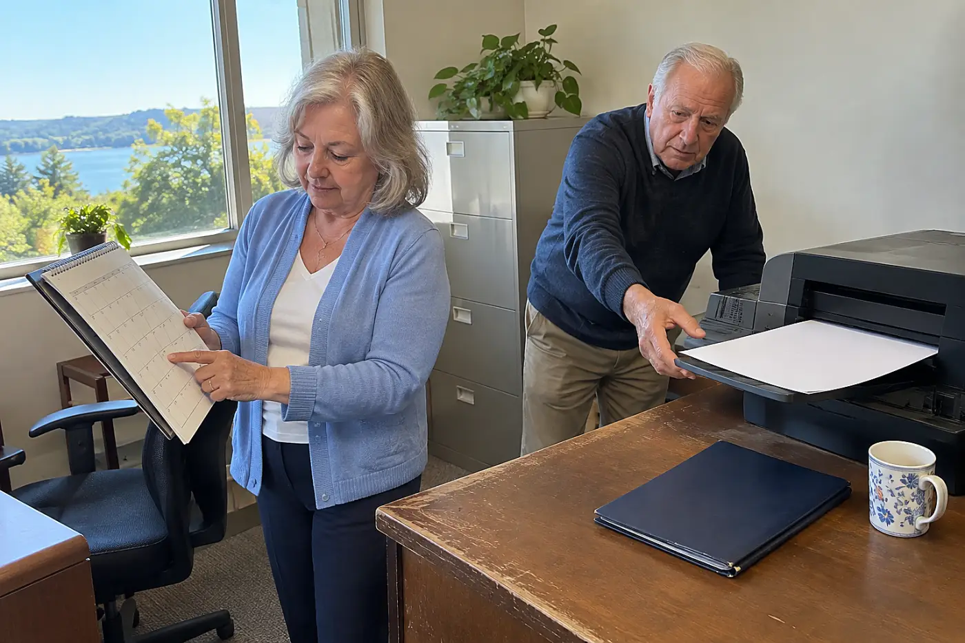 Older woman checking her work calendar beside a printer in an office.