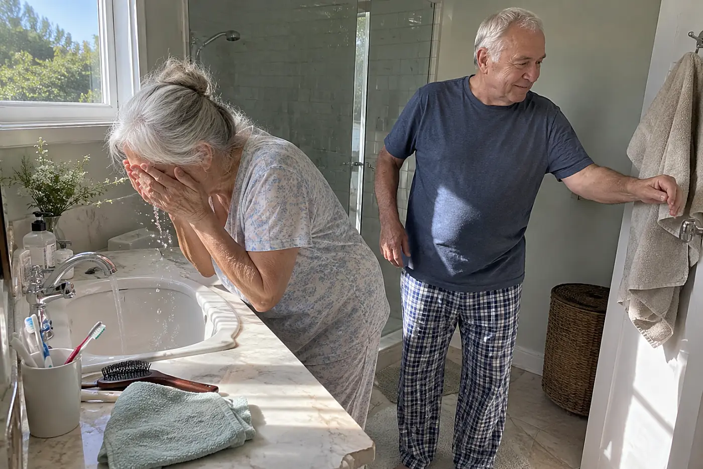 Older woman washing her face at a bathroom sink before breakfast.