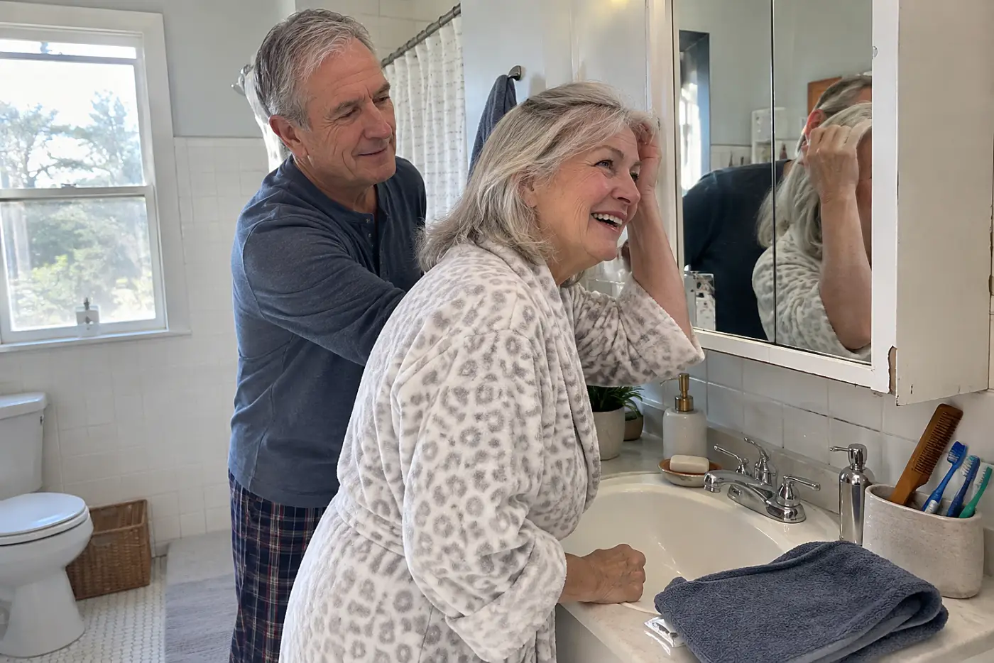 Older woman looking at her gray hair in a bathroom mirror.