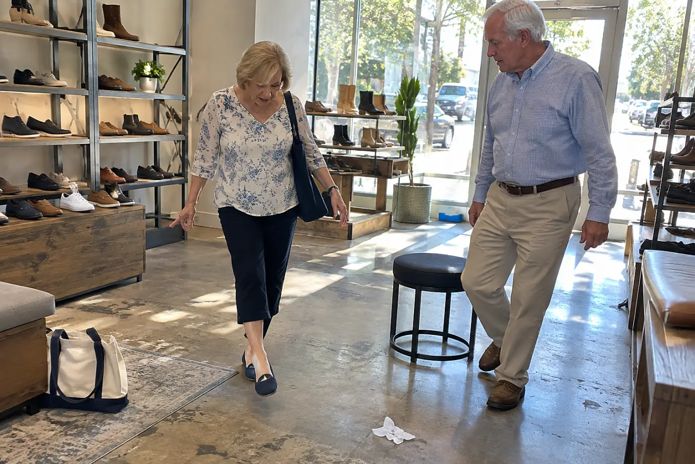 Older woman walking across a shoe store floor in flat shoes.