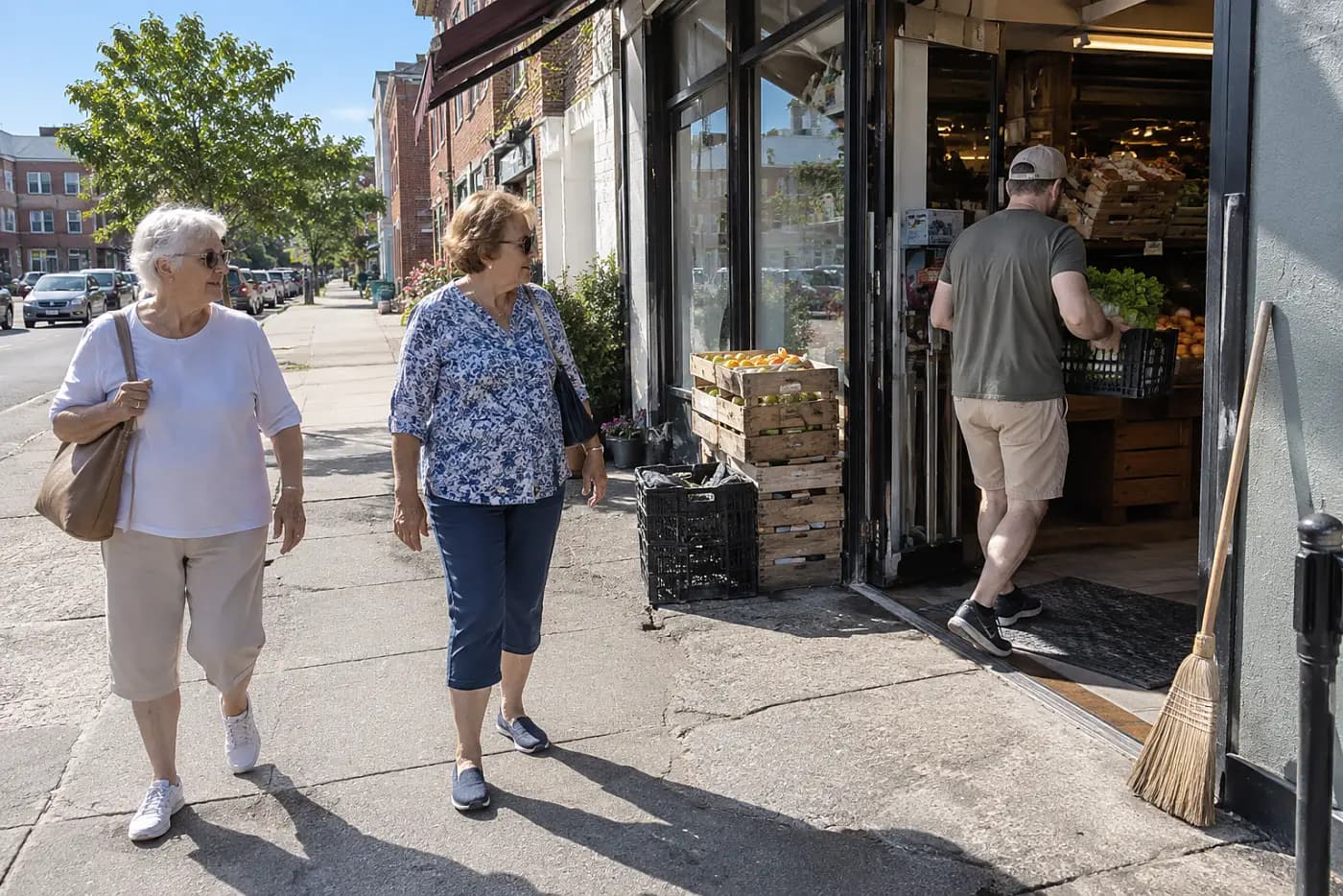 Older woman walking past a grocery store in a neighborhood she is considering.