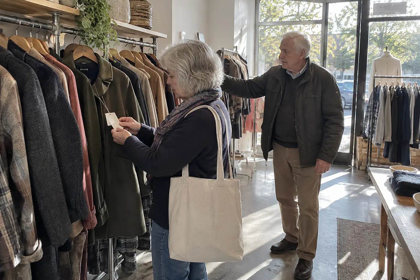 Older woman checking the price tag on a coat in a store.