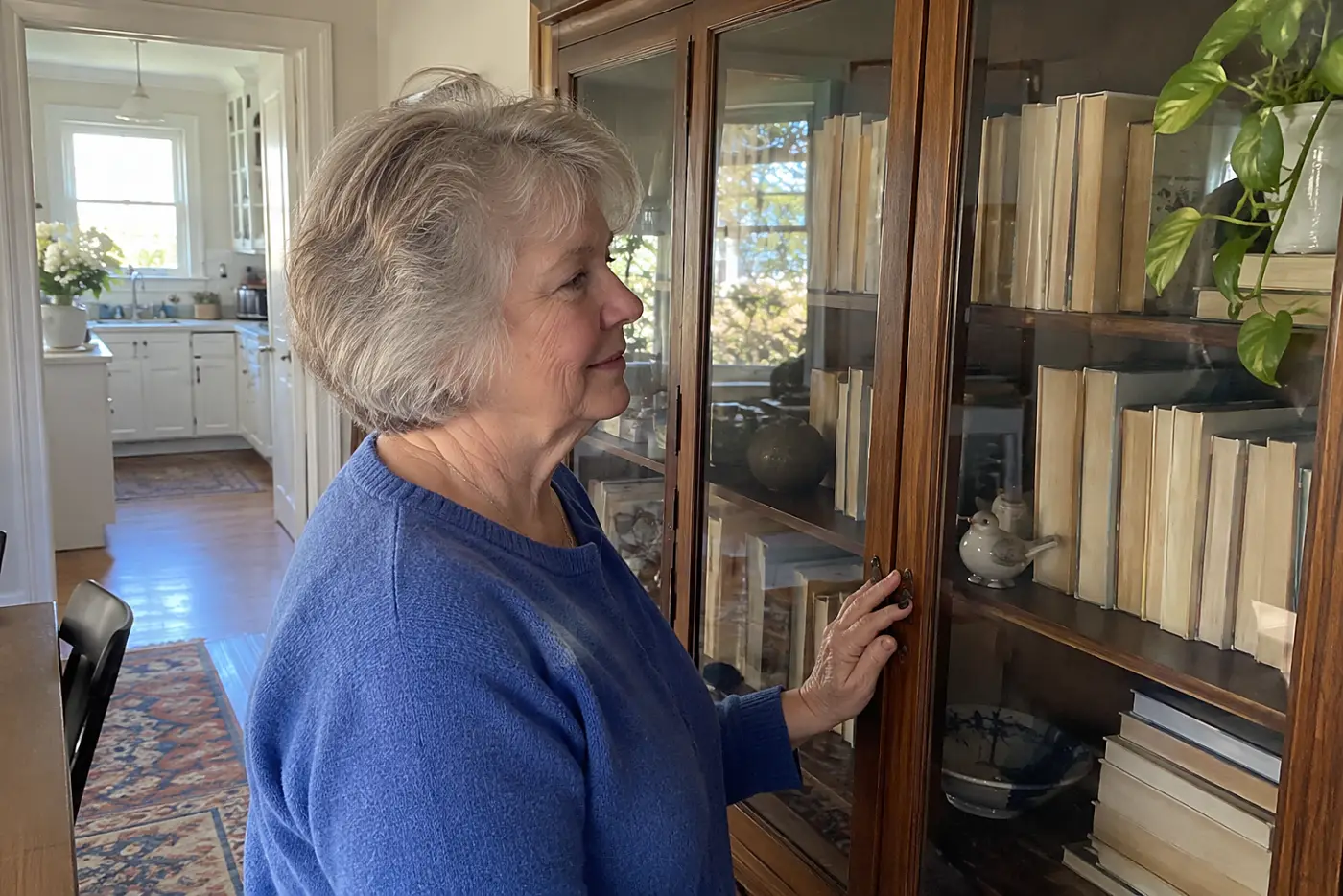 A woman in a blue sweater stands near a wooden glass bookcase filled with books.