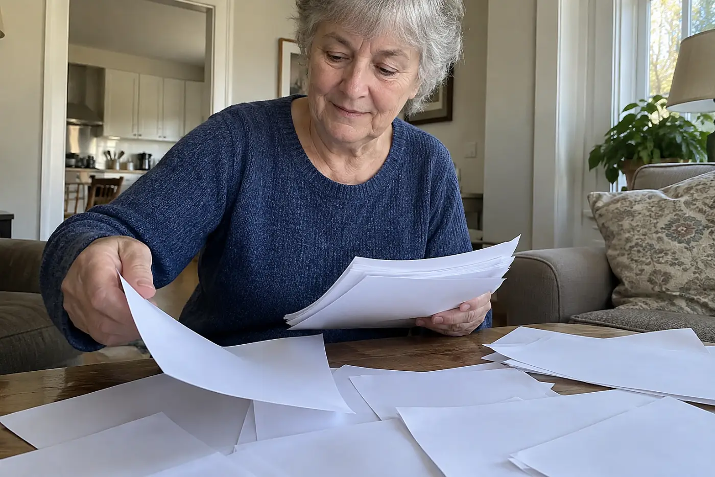 A grey-haired woman in a blue sweater sorts pages at a living room coffee table.