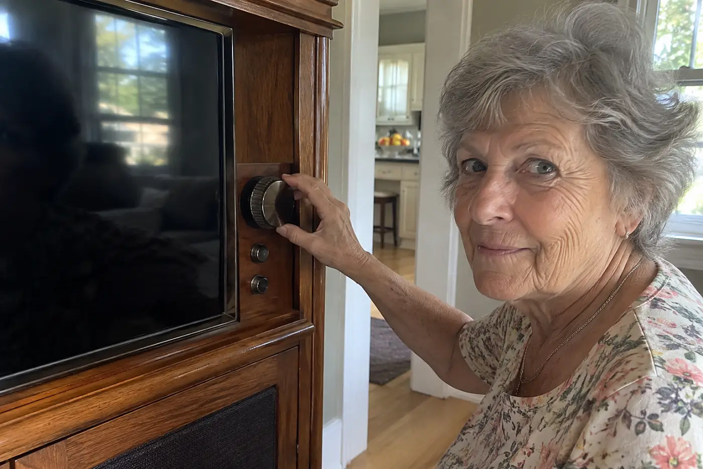 A woman in her seventies turns a knob on a vintage wooden television cabinet.