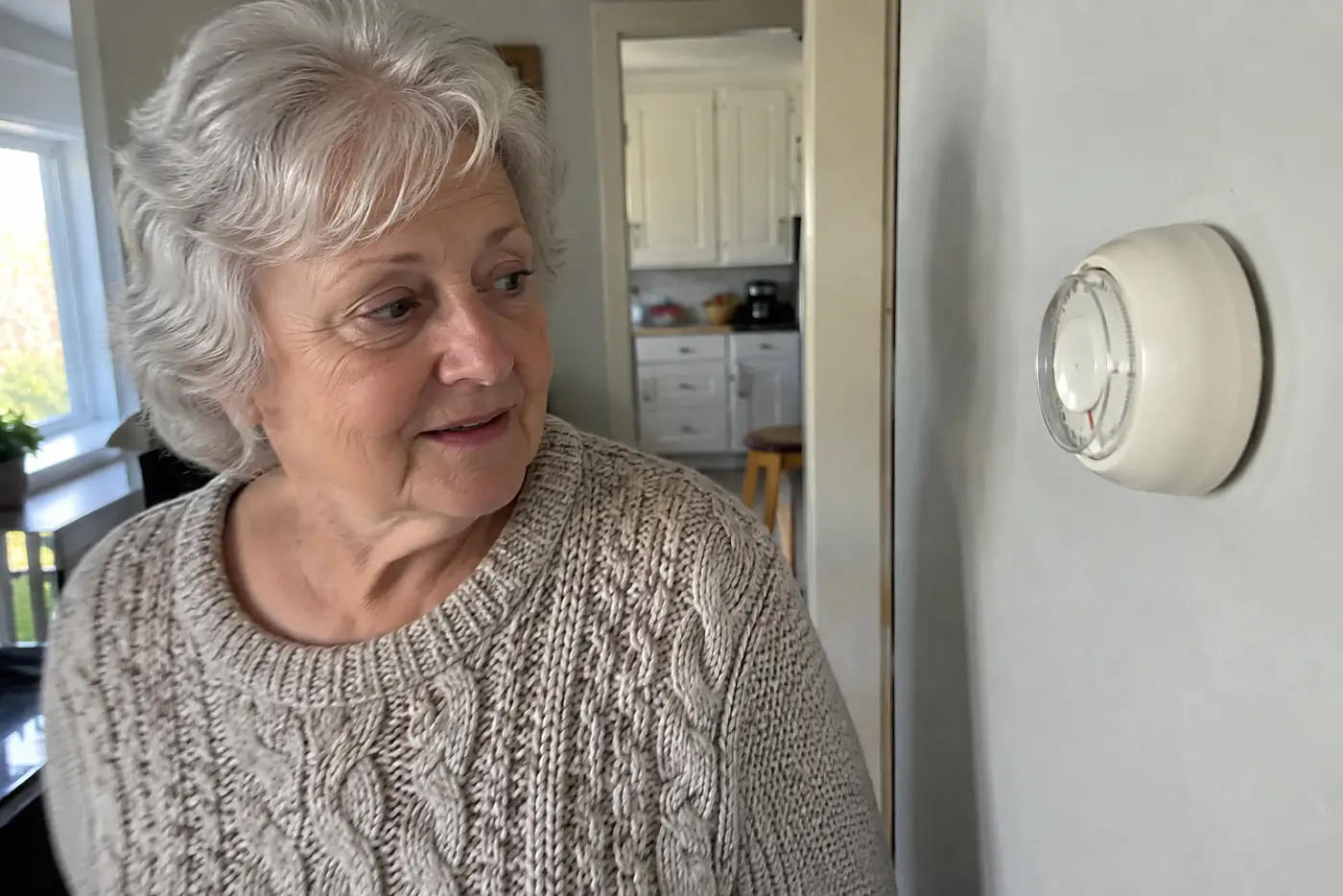 A woman in her seventies wearing a cable-knit sweater looks at a round wall thermostat.