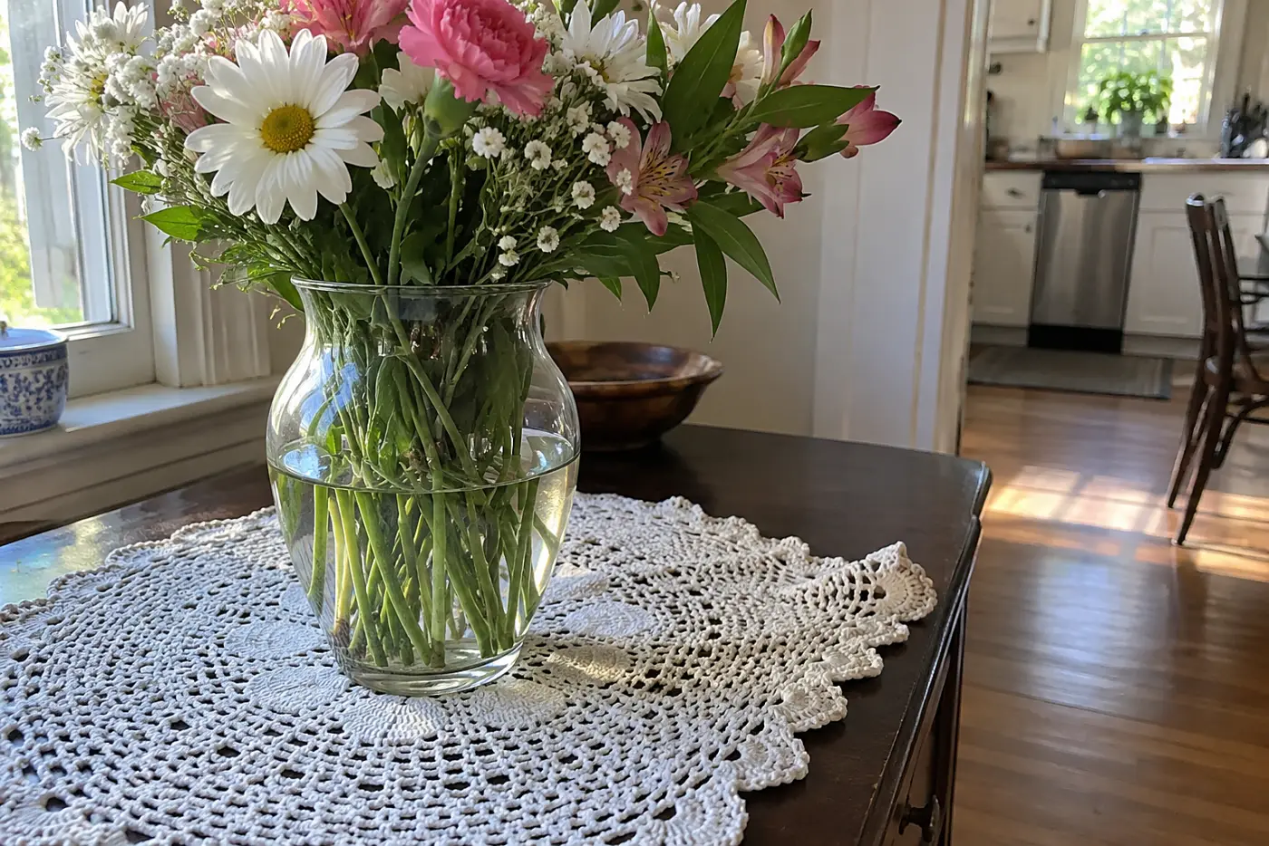 A glass vase of pink and white flowers sits on a white crochet doily.