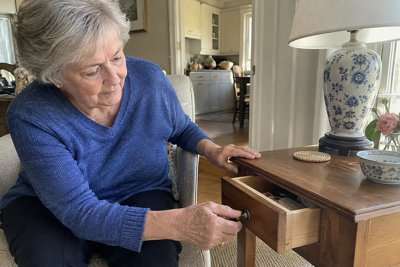 A woman in her seventies wearing a blue sweater opens a wooden end table drawer.
