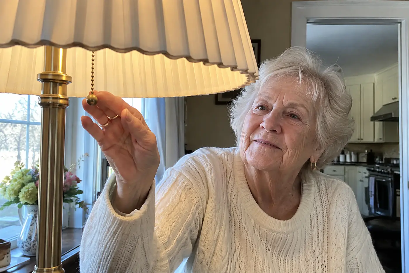 A woman in her 70s wearing a white sweater reaches for a lamp's pull chain.