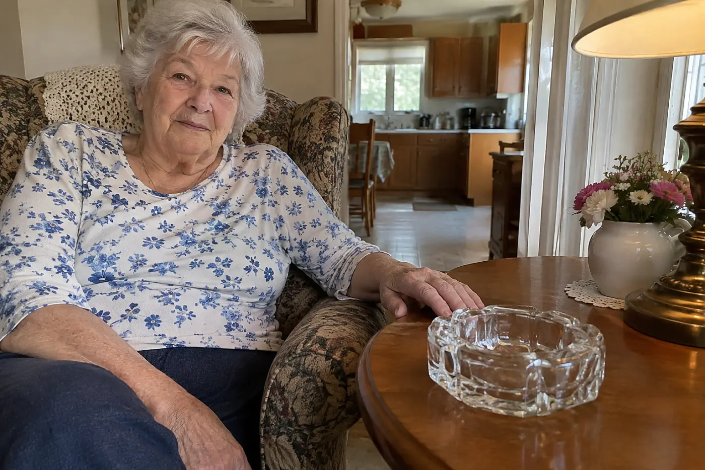 A woman in her seventies sits beside a glass ashtray on a wooden end table.