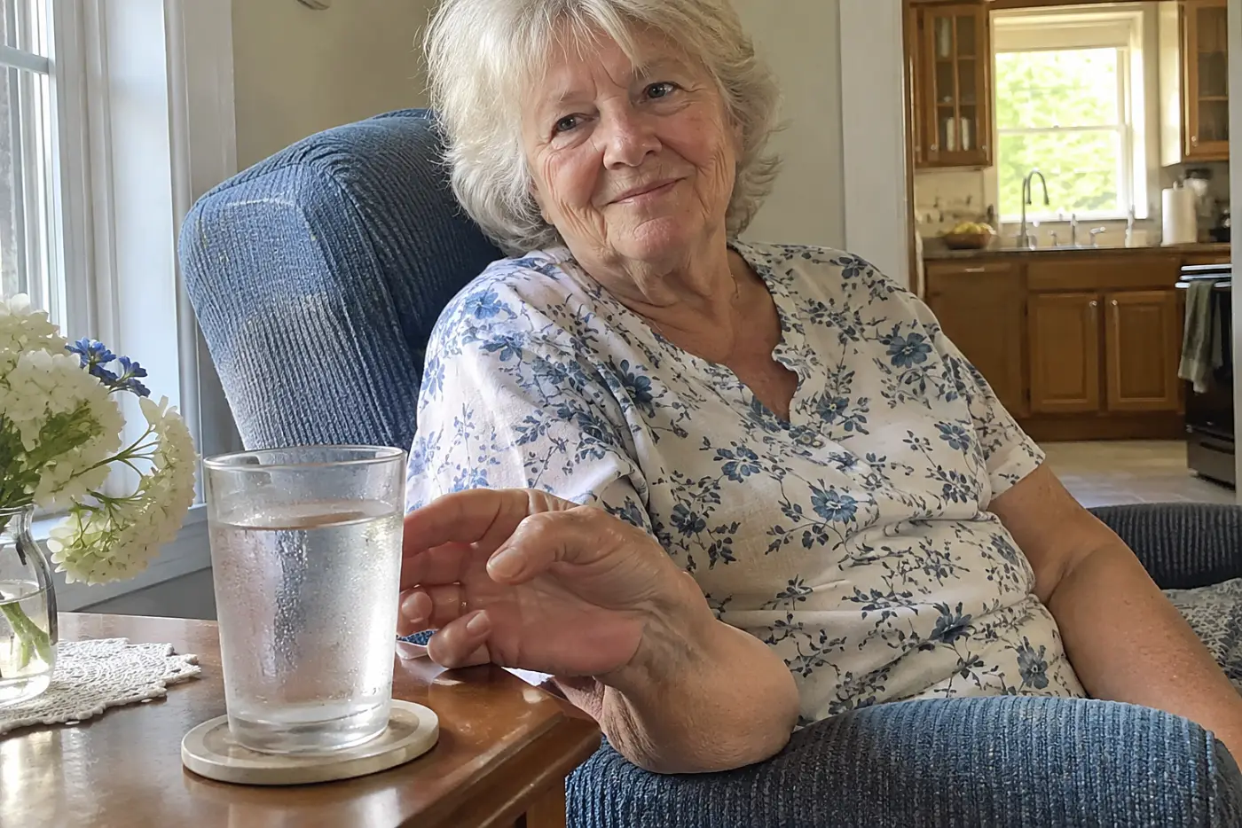 A smiling older woman sits in an armchair beside a glass resting on a coaster.