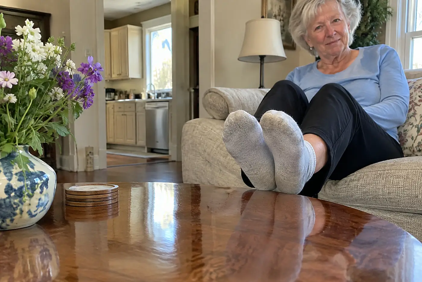 A woman sitting on a couch rests her socked feet near a polished coffee table.