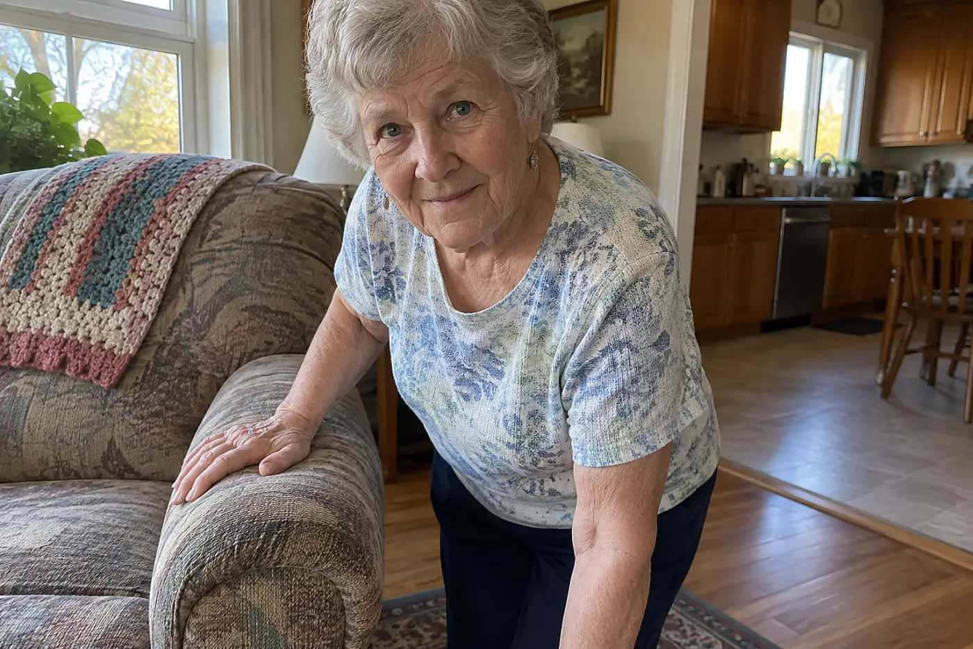 A woman over 70 with grey hair rests her hand on a living room armchair.