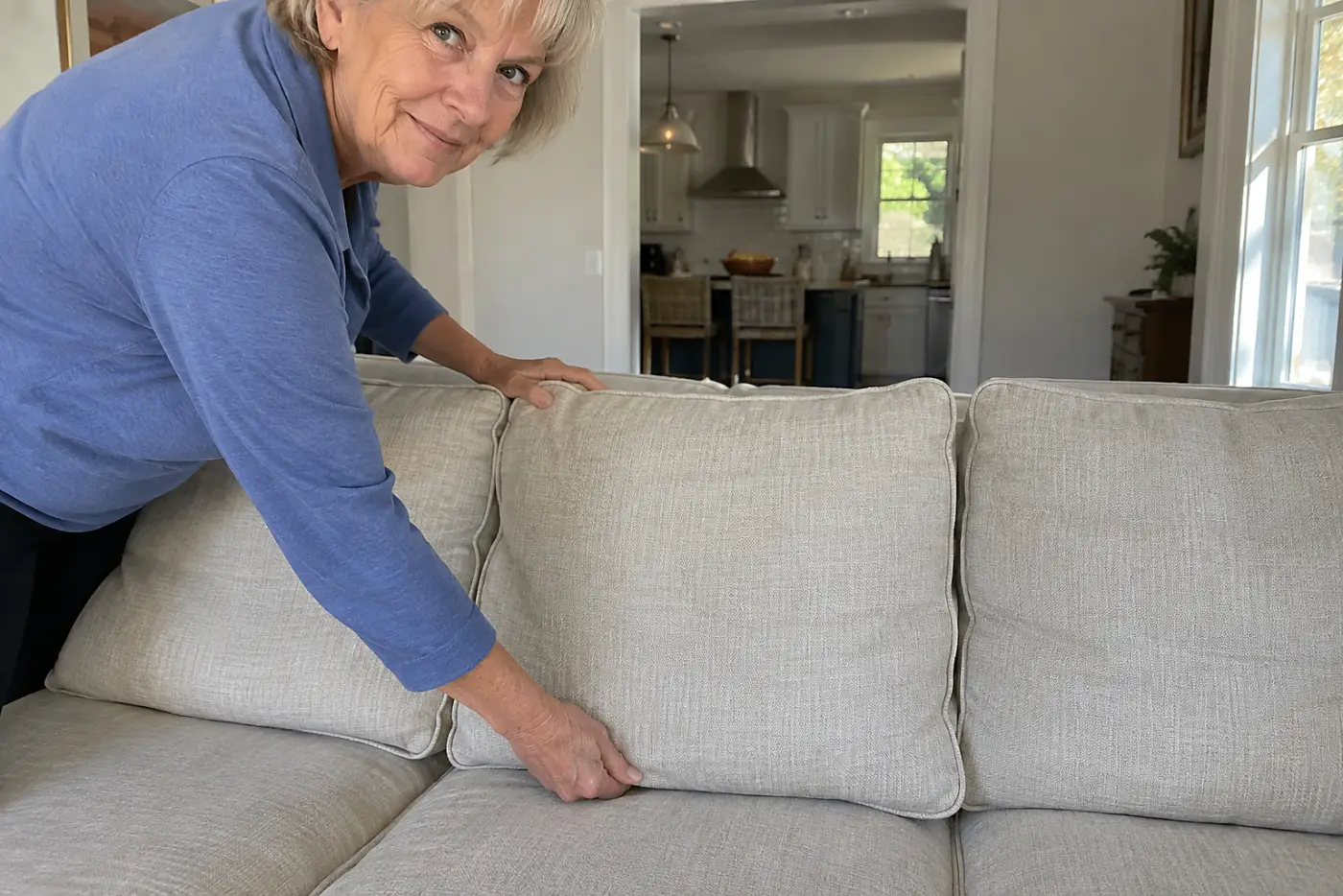 A woman in her seventies straightens a light beige cushion on a living room sofa.