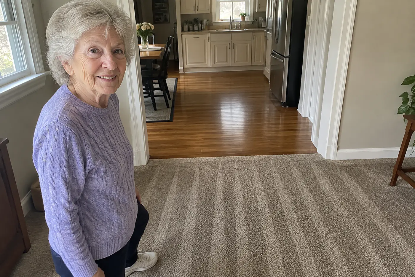 A woman in a purple sweater stands on a carpet with fresh vacuum lines.