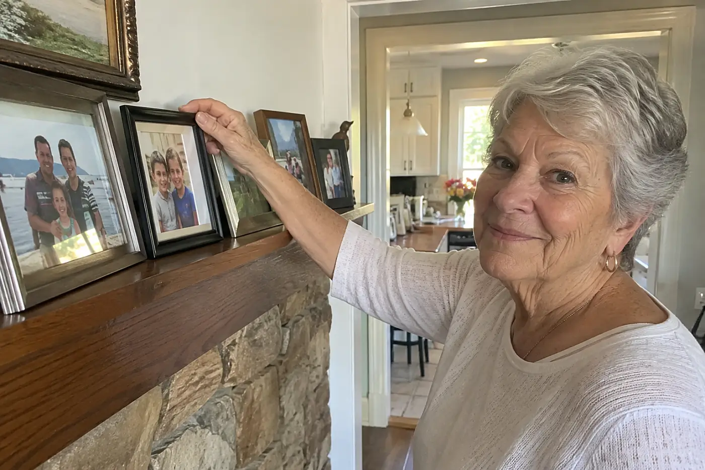 A smiling woman with short grey hair adjusts a framed picture on a mantelpiece.
