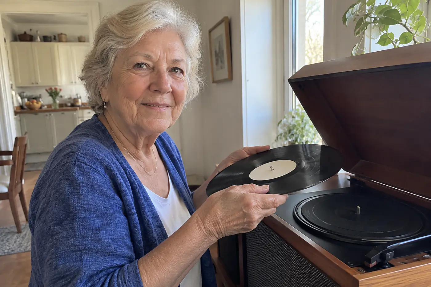 A woman in a blue cardigan holds a vinyl record over a wooden record player.