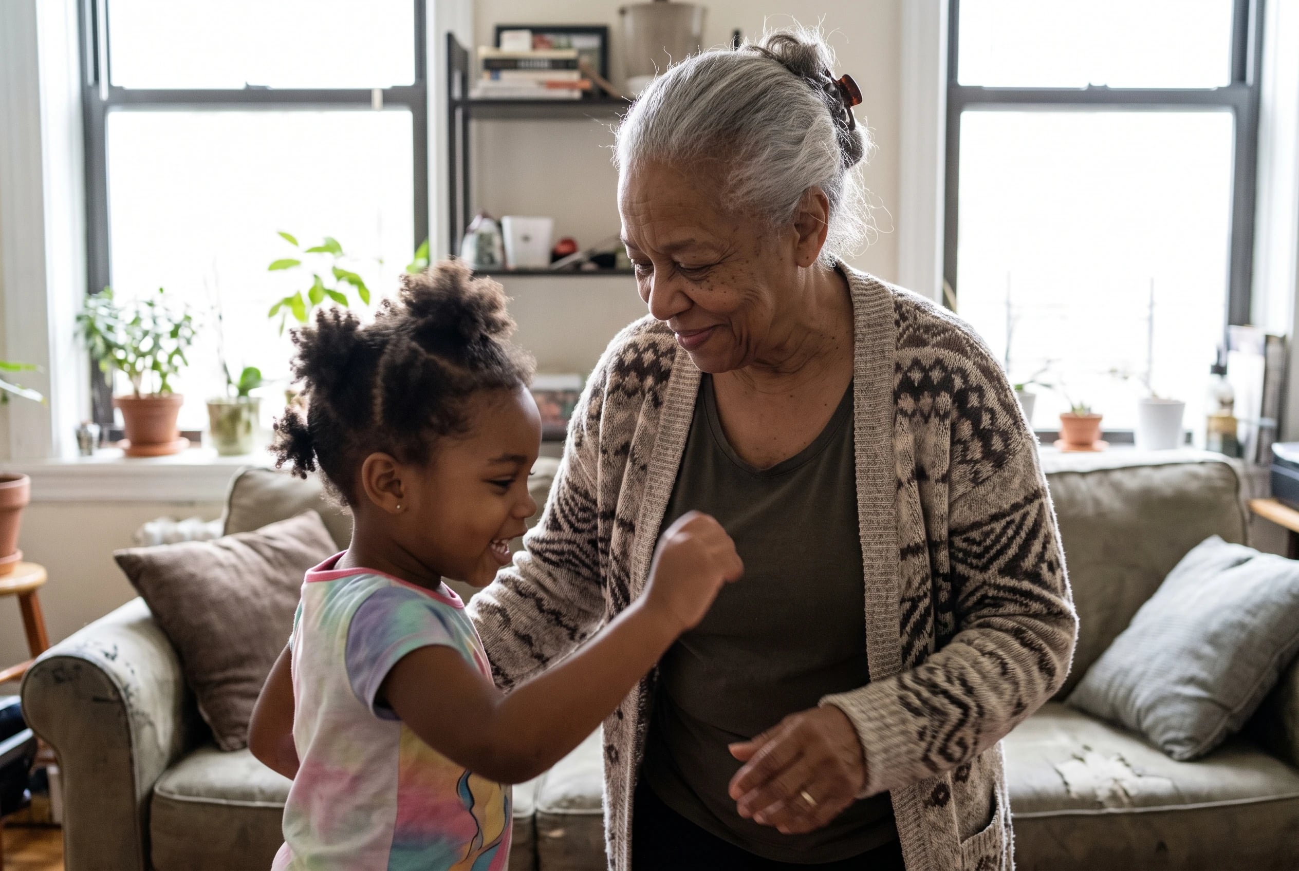 Older woman stepping instead of jumping while dancing with her grandchild in a living room.