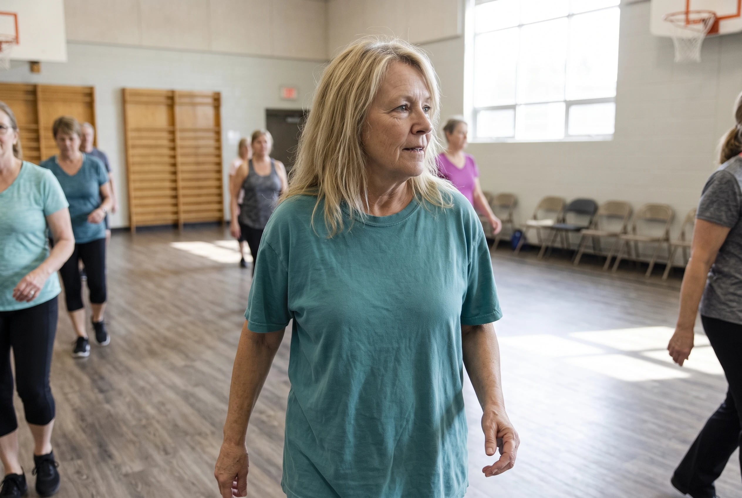 Woman in her sixties following a called Madison step in a recreation center line.