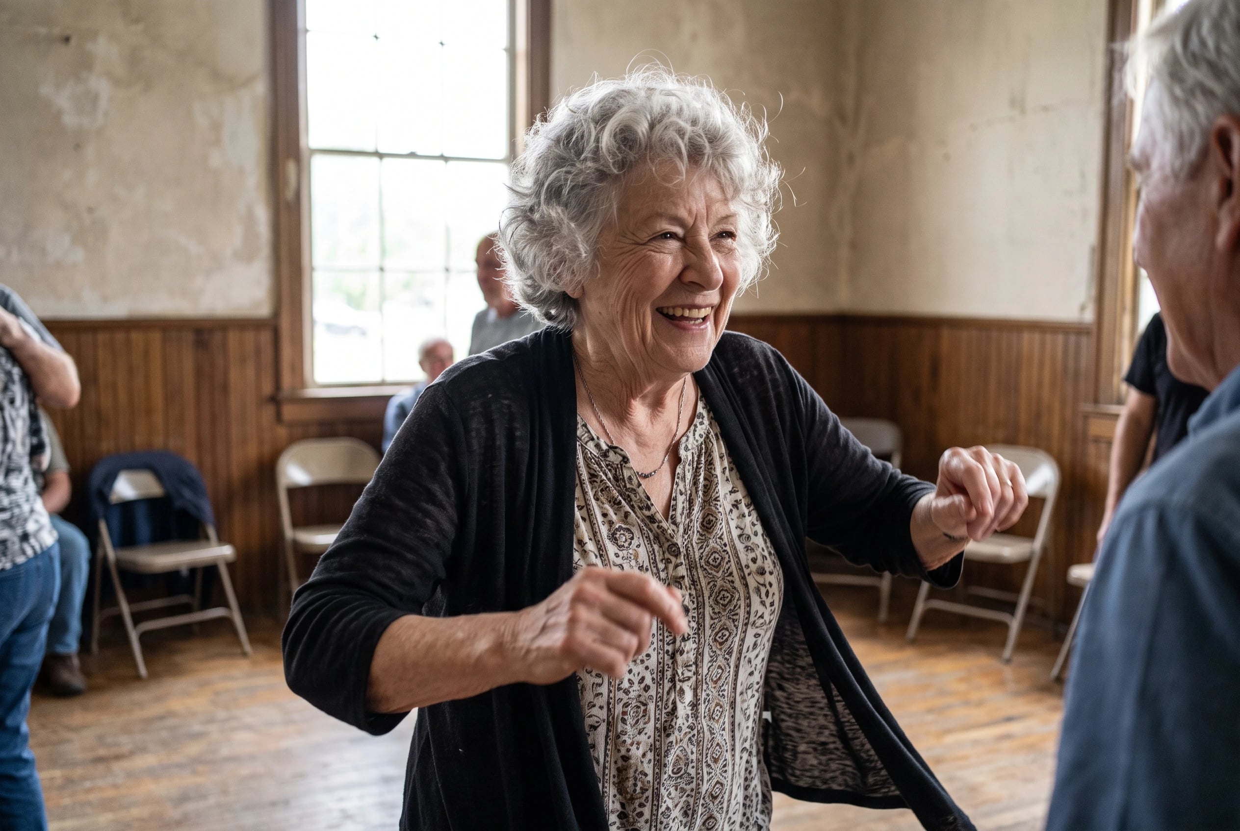 Older woman prancing through the Pony in a community hall.