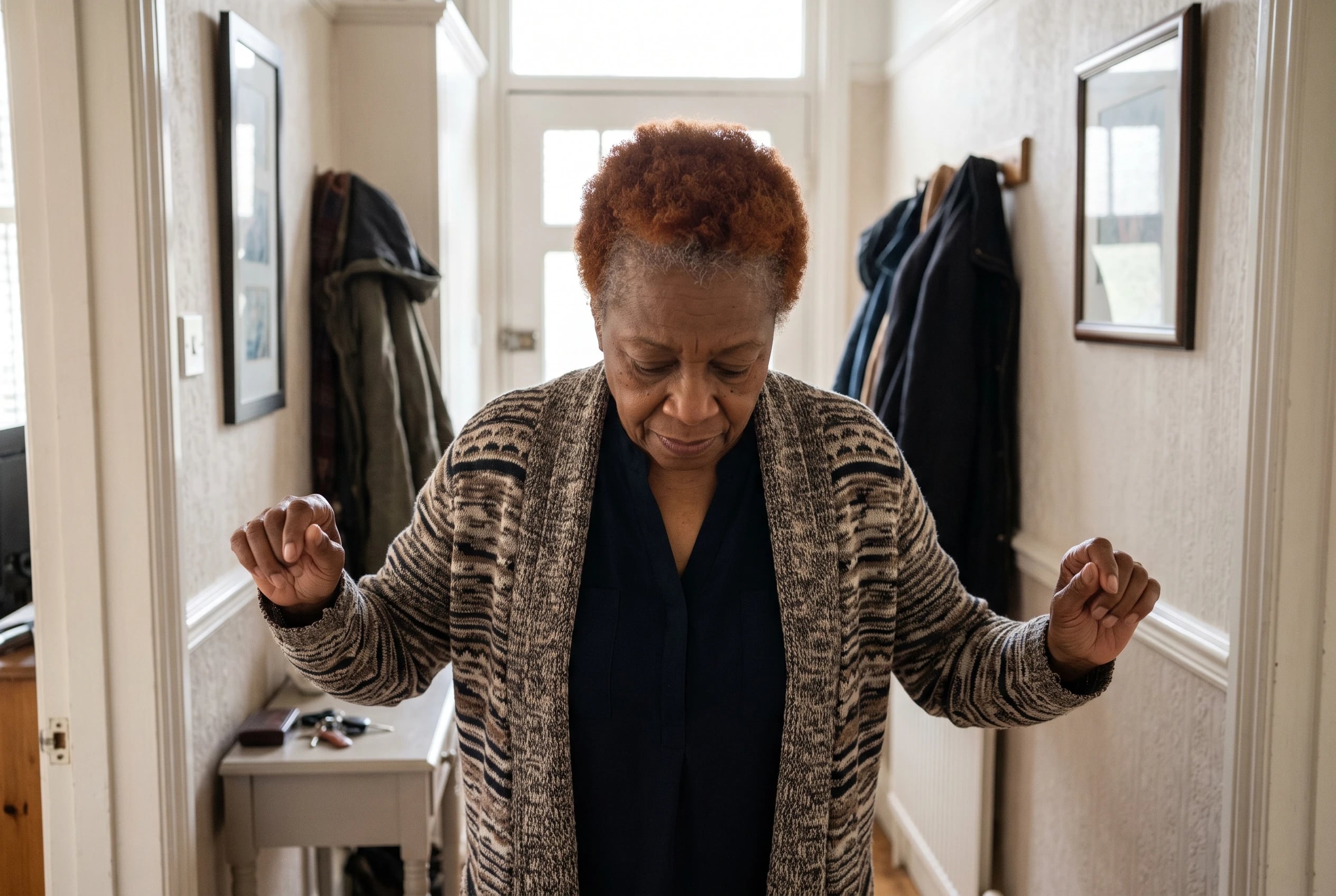 Older woman watching her heel swivel on the floor of her front hallway.