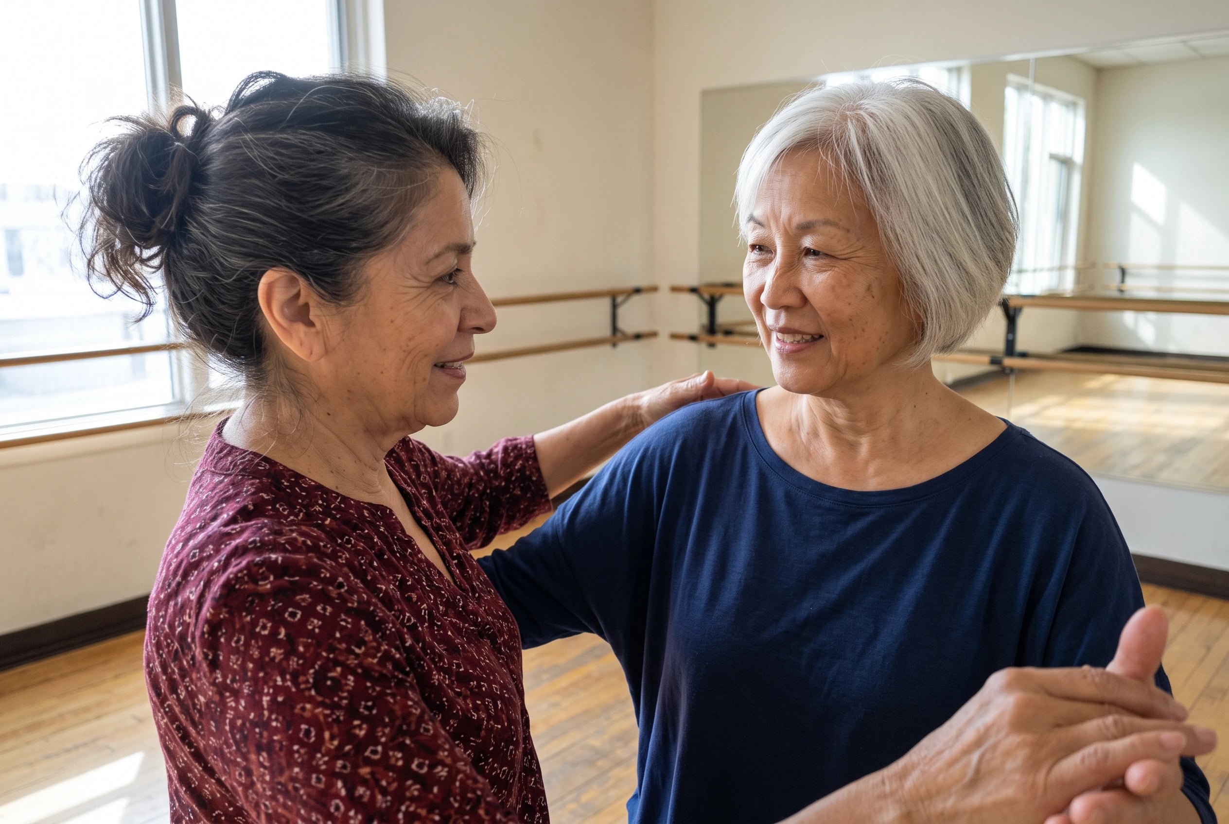 Older woman practicing a Cha-Cha step with a partner in a dance studio.