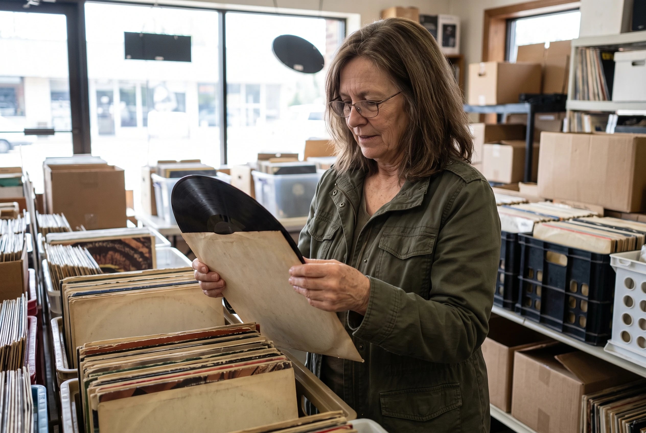 Woman in her sixties lifting a record from a sleeve in a secondhand record store.