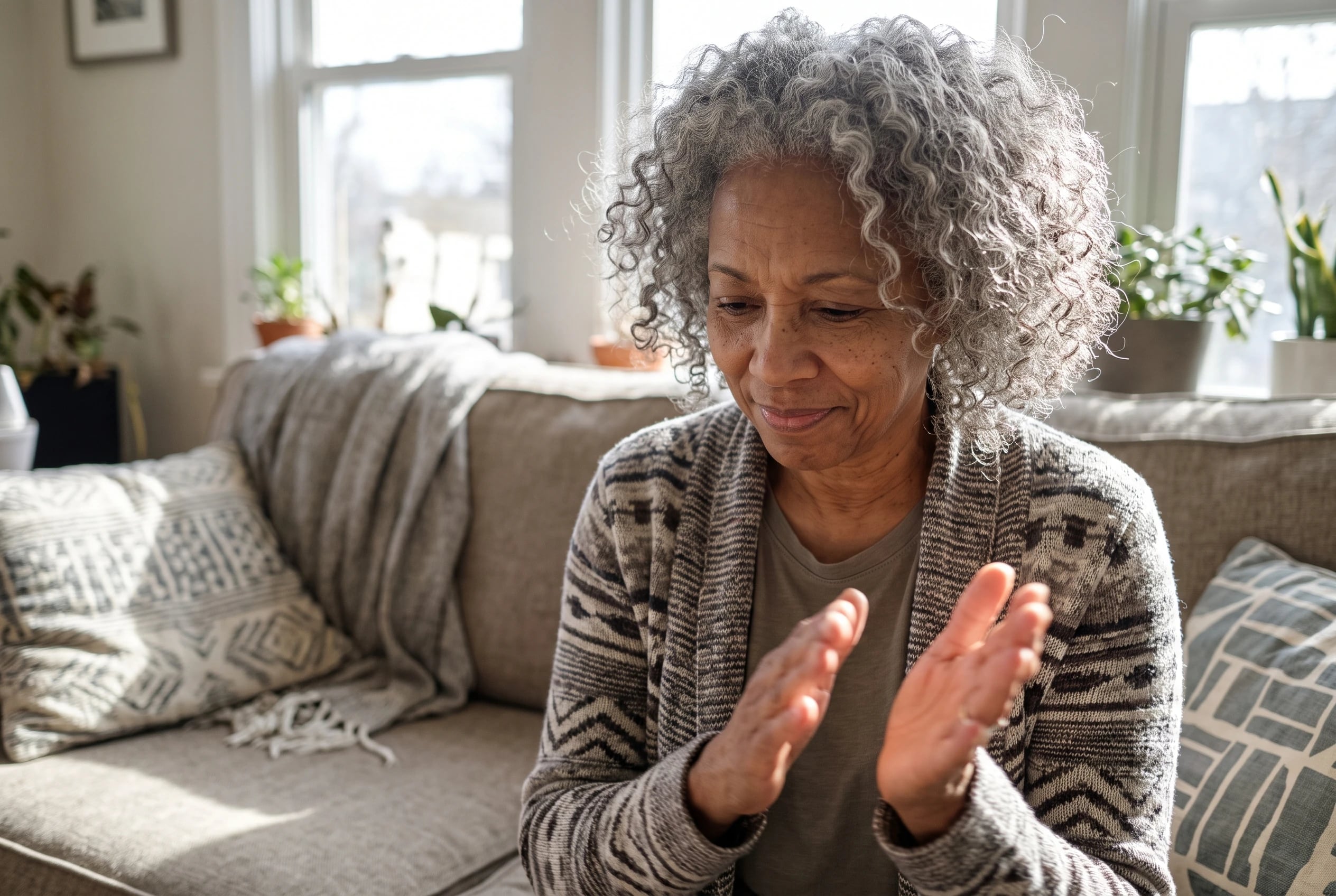 Woman in her sixties clapping a Hand Jive pattern while seated on a living room sofa.