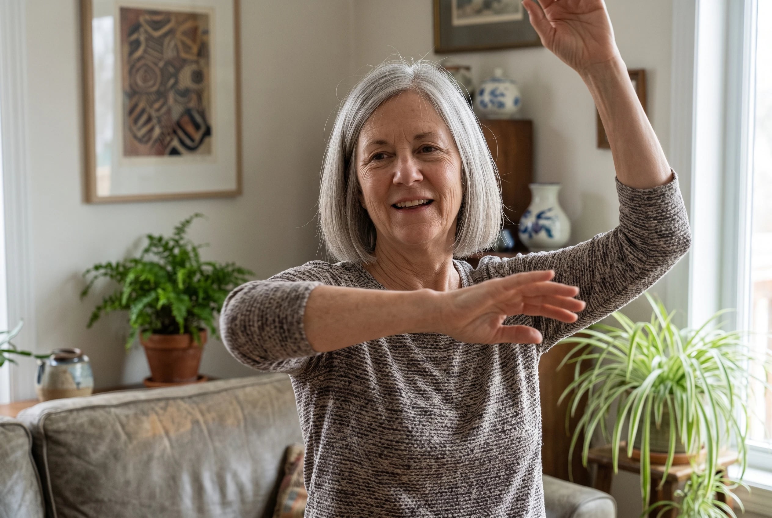 Woman in her sixties demonstrating a dance-show arm movement in her living room.