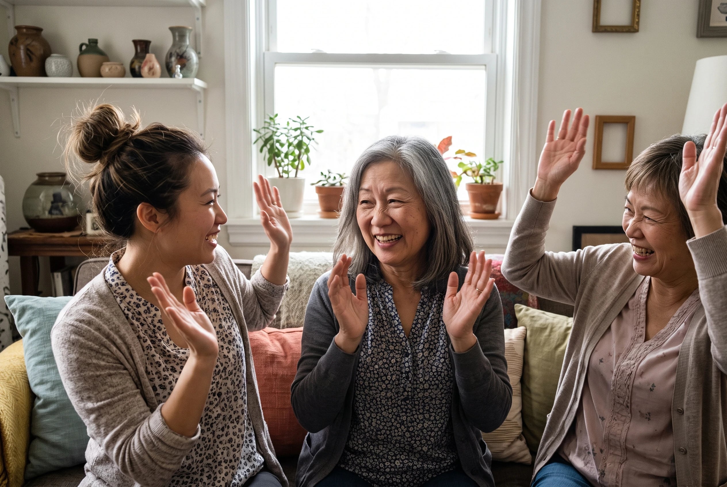 Woman in her sixties following a song’s movement cues with relatives in a living room.
