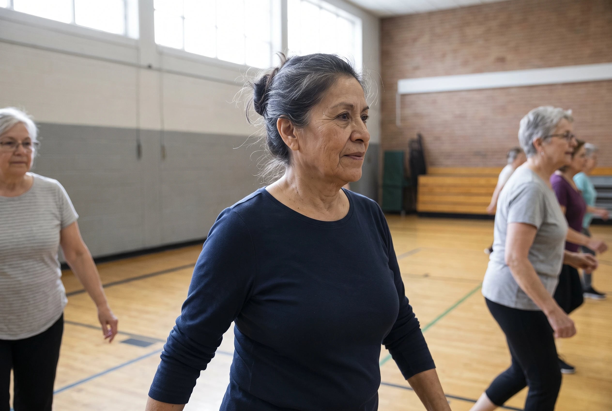 Woman in her sixties making a quarter-turn with a dance line in a school gym.