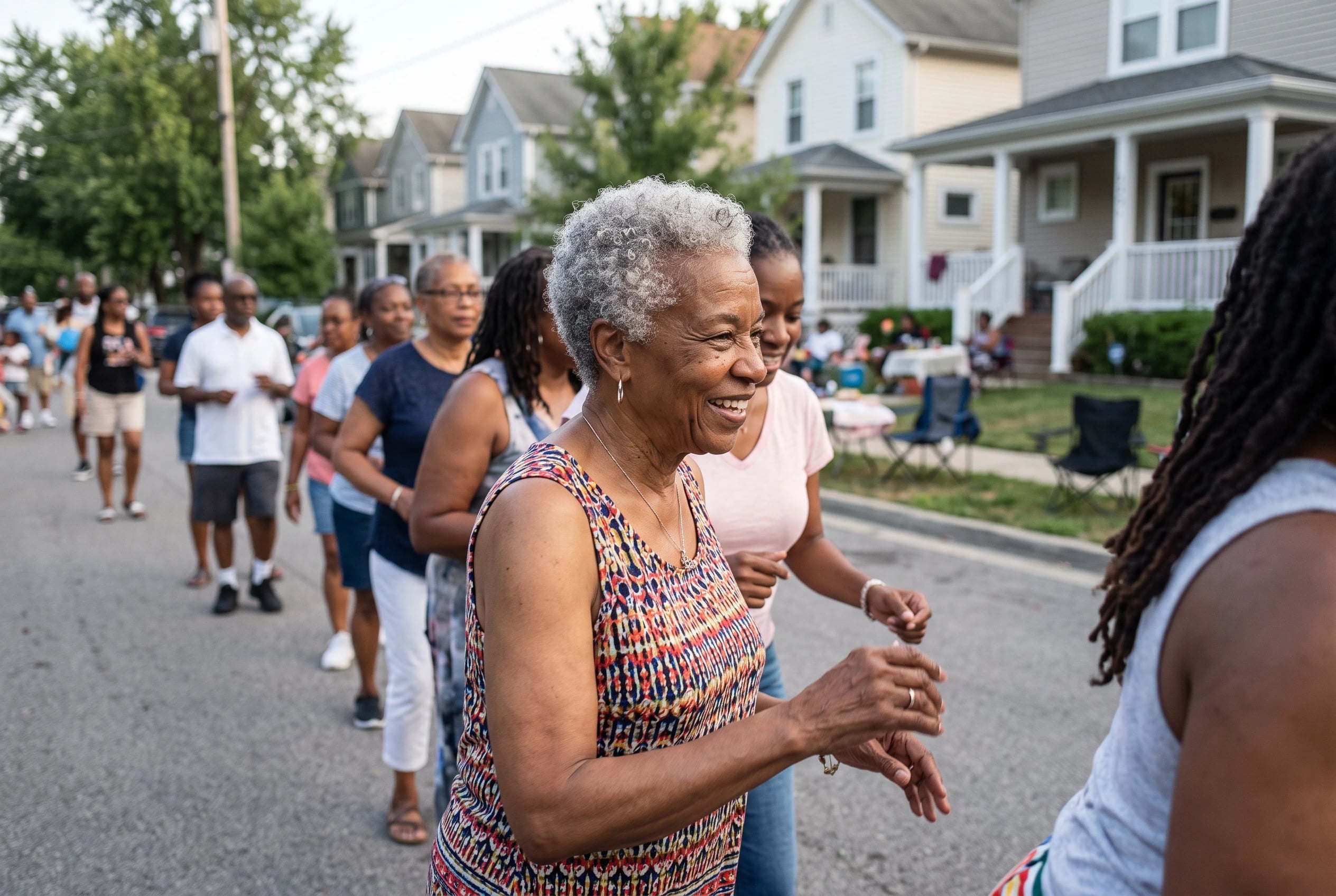 Older woman dancing in a line at a neighborhood block party.