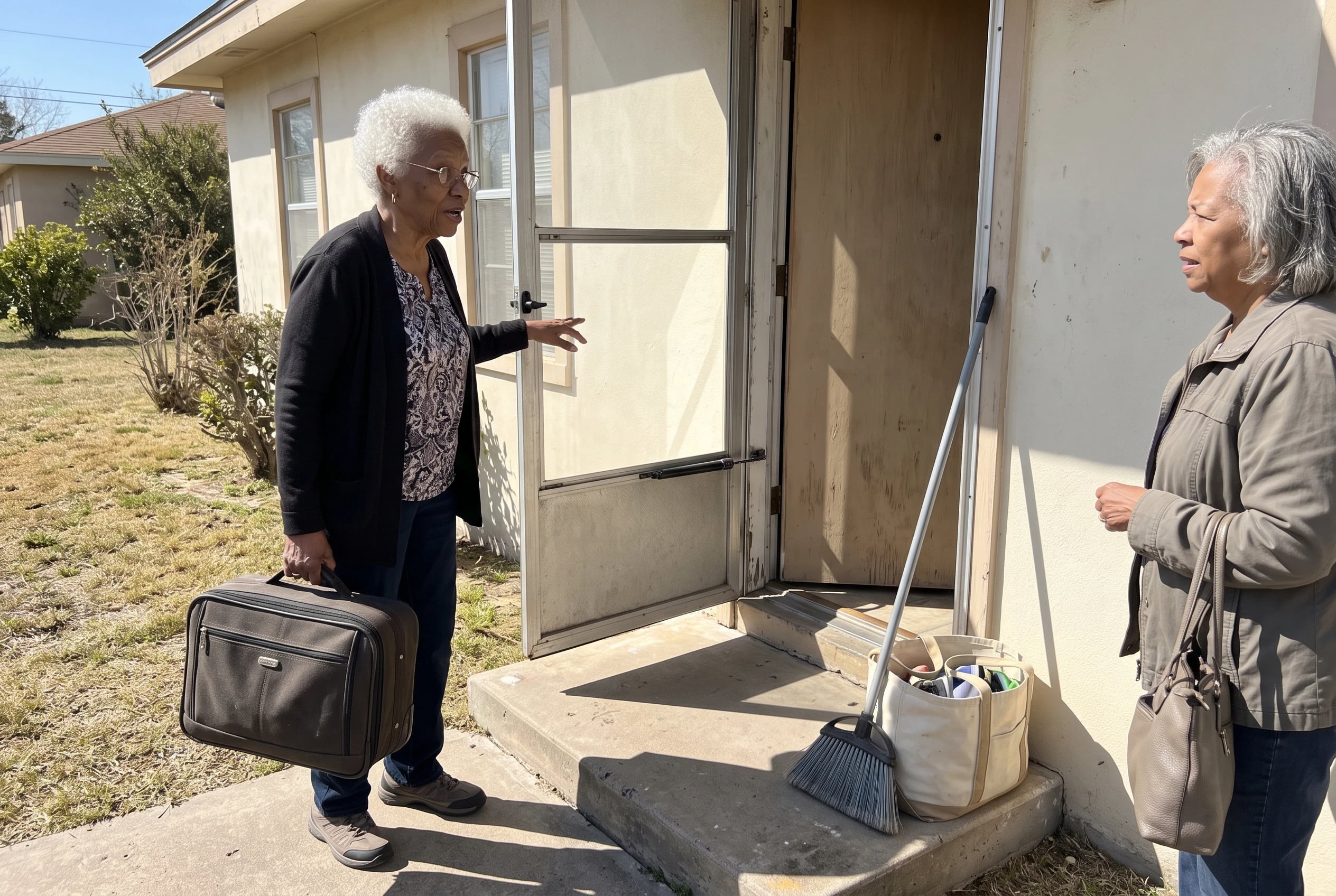 Older woman checking the doors of a winter rental in McAllen while holding a suitcase.