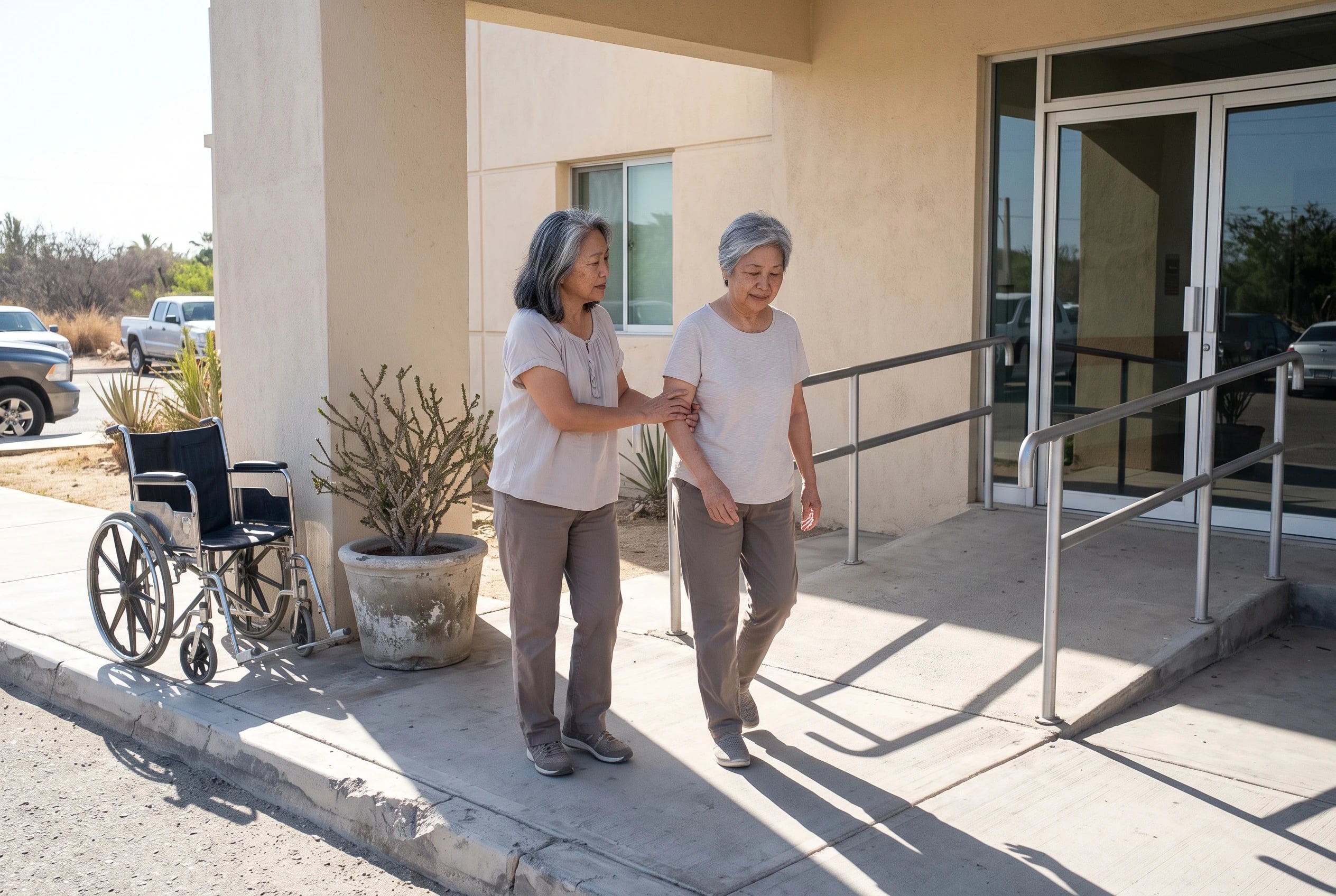 Older woman walking toward the entrance of a hospital in San José del Cabo.