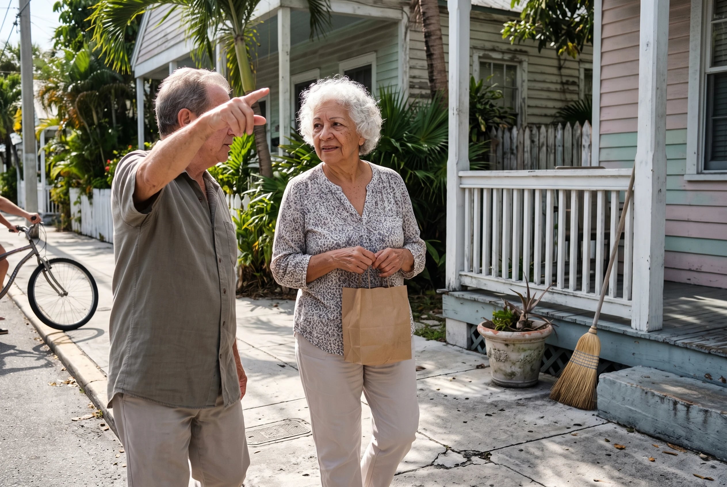 Older woman walking through Key West’s Old Town with a small shopping bag.