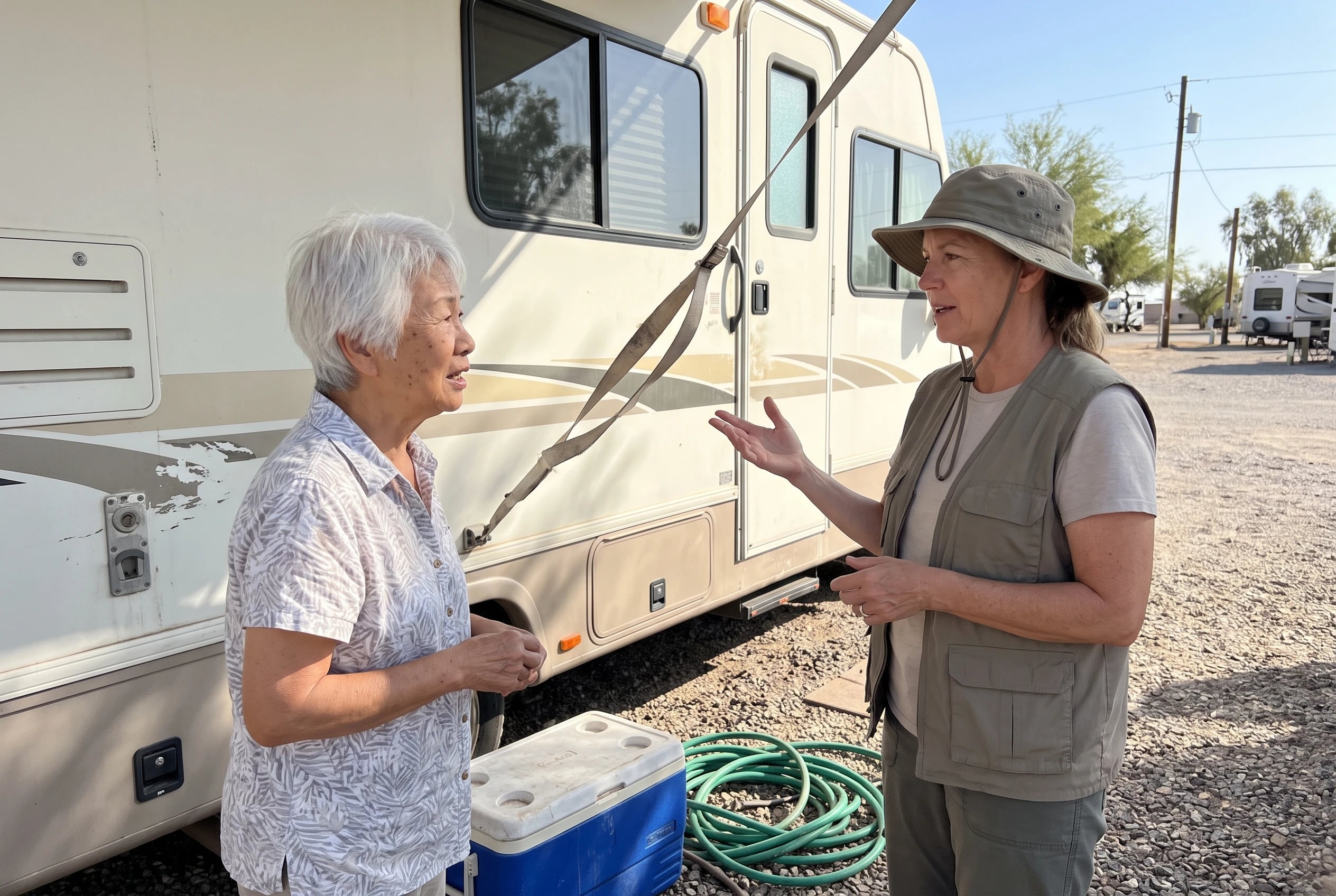 Older woman standing beside her RV at a Yuma resort while speaking with a park attendant.