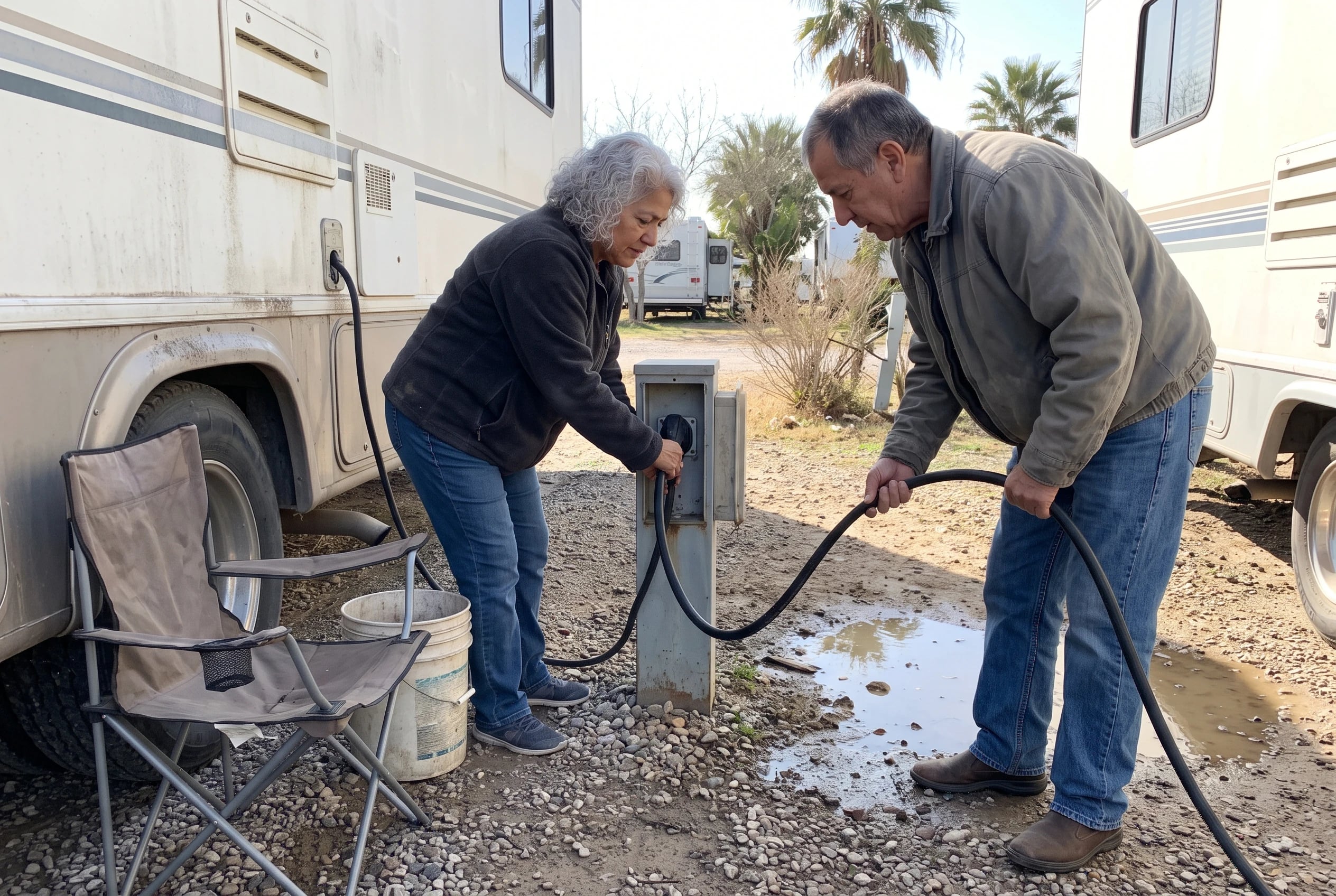 Woman in her sixties plugging an RV into a hookup at a Rio Grande Valley park.