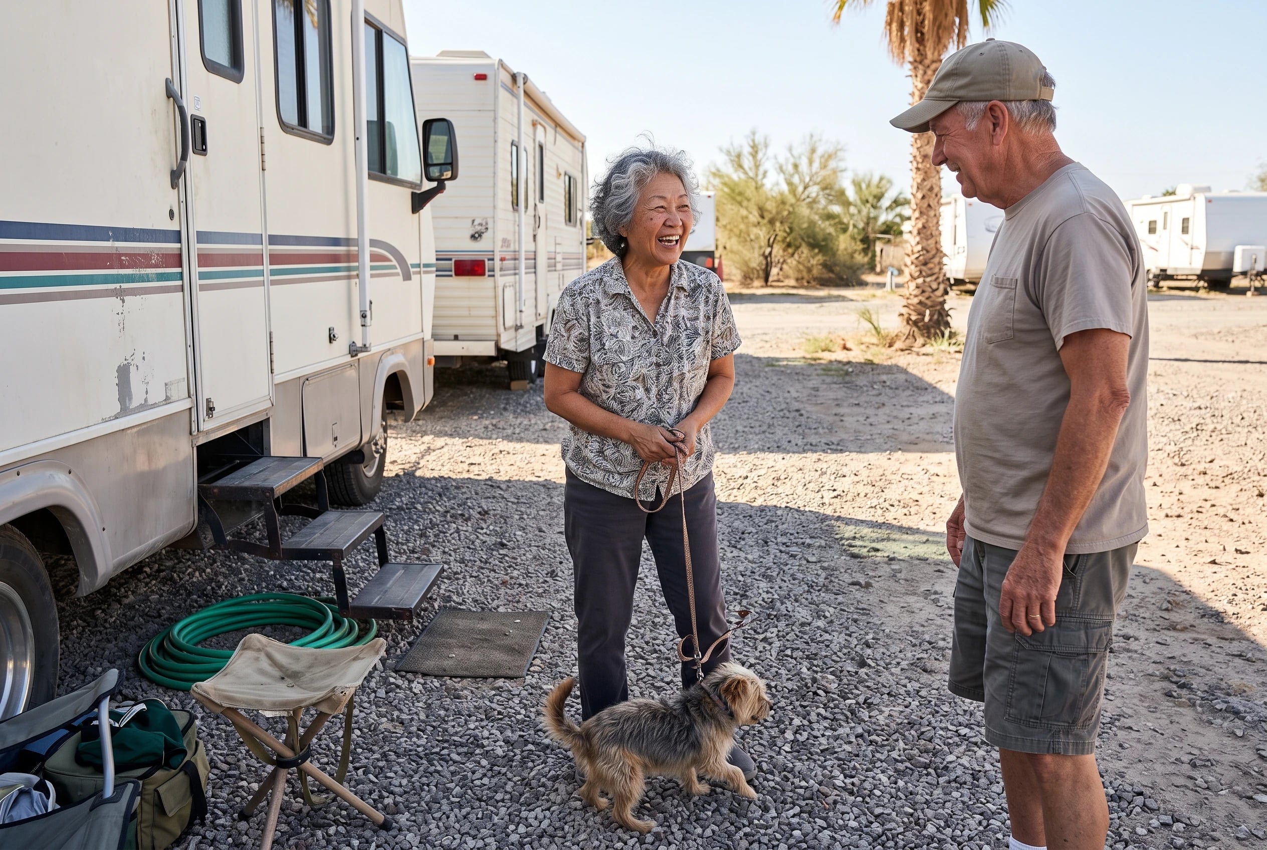 Older woman greeting a neighbor beside two RVs at a Yuma park.