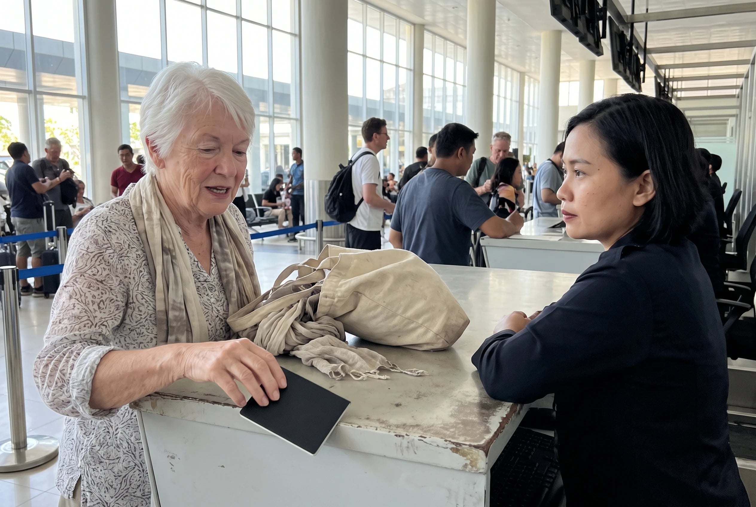 Older woman speaking with an immigration officer at an airport counter in Bali.