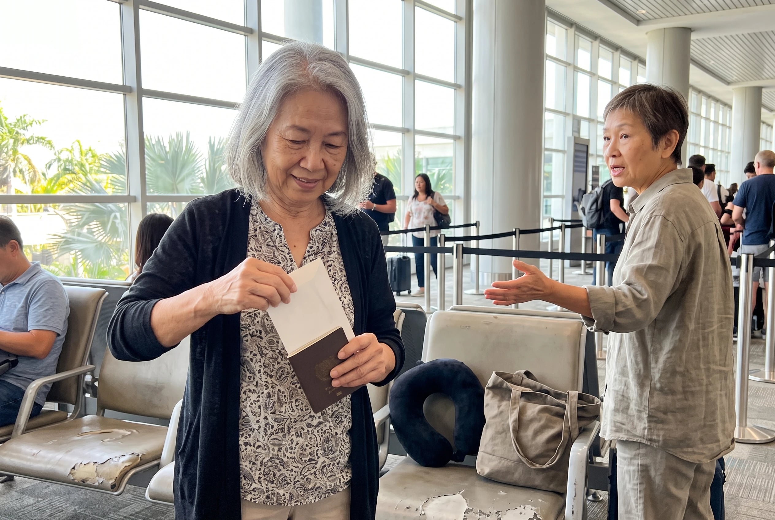 Woman in her seventies placing her return ticket in a passport at a Costa Rica airport.