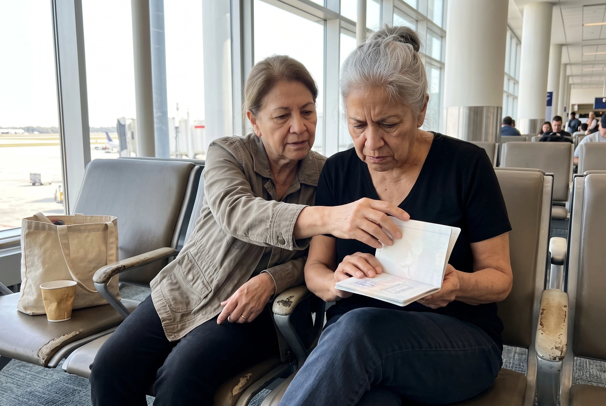 Older woman checking the entry stamp in her passport at a Panama airport.